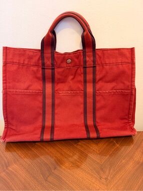 Vintage Hermes Fourre-Tout MM Huroto Red Canvas Tote Bag with Striped Handles